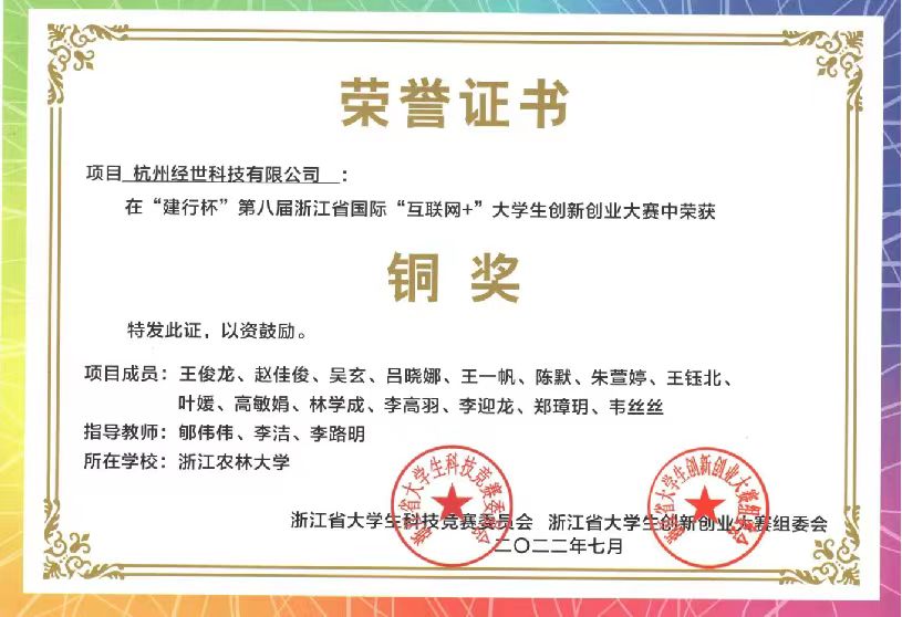 “建行杯”第八届浙江省国际“互联网+”铜奖